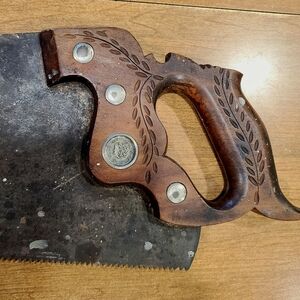 Antique Hand Saw 26" Blade Ornate Engraved Wood Handle E.C. Atkins Primitive